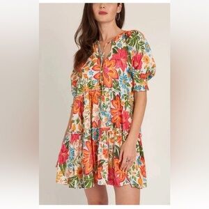 En Crème Floral Printed Puff Sleeve Tiered Mini Dress with Lurex Medium